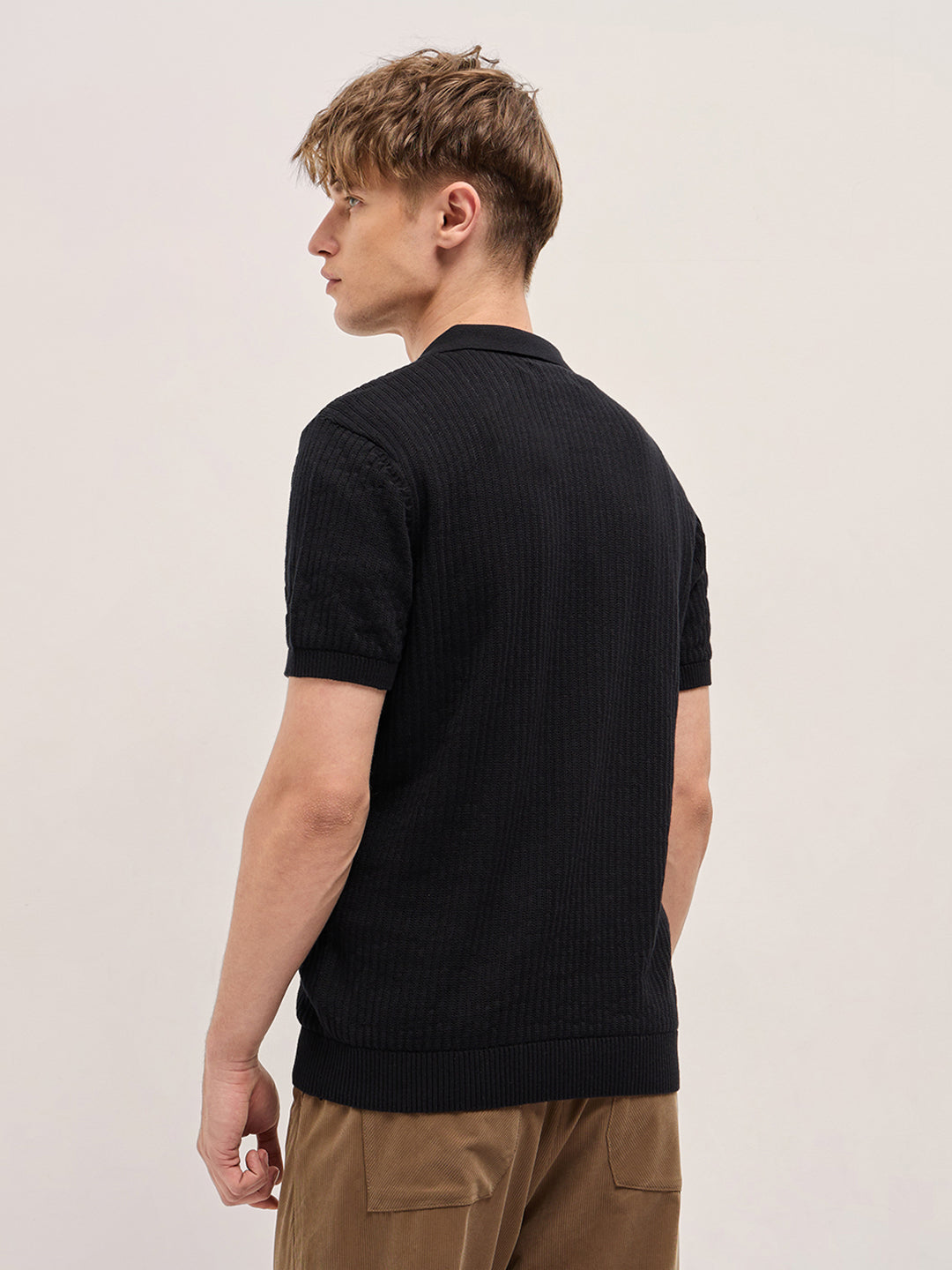 Black Ribbed Texture Design Slim Fit Polo