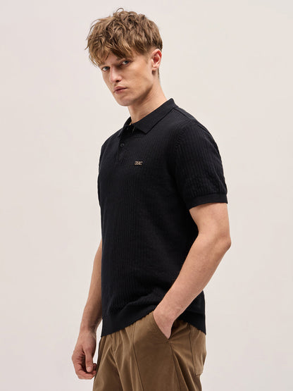 Black Ribbed Texture Design Slim Fit Polo