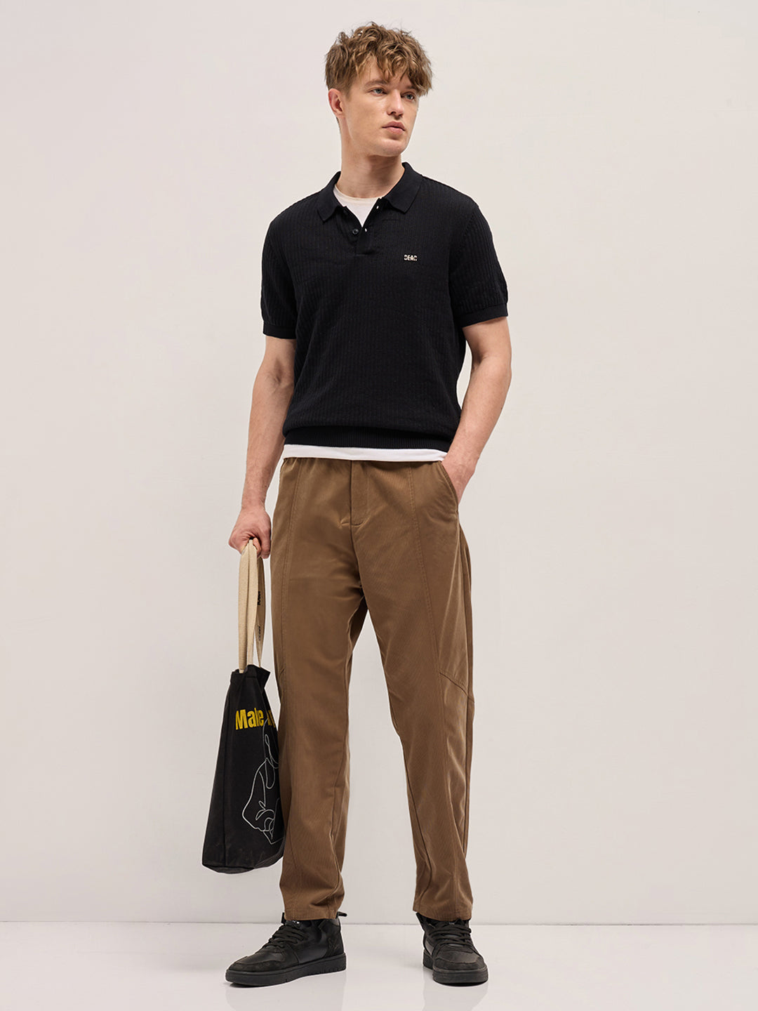 Black Ribbed Texture Design Slim Fit Polo