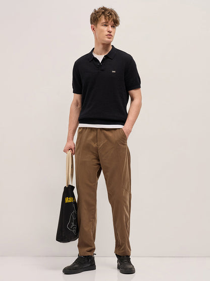Black Ribbed Texture Design Slim Fit Polo