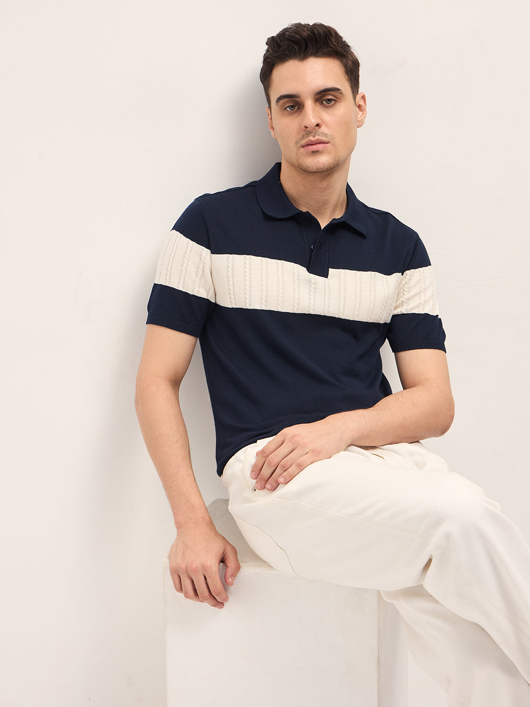 Blue Cable-Knit Textured Stripe Slim Fit Polo