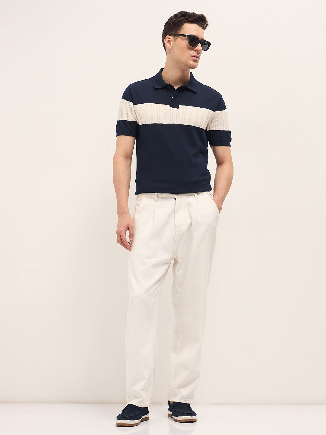 Blue Cable-Knit Textured Stripe Slim Fit Polo