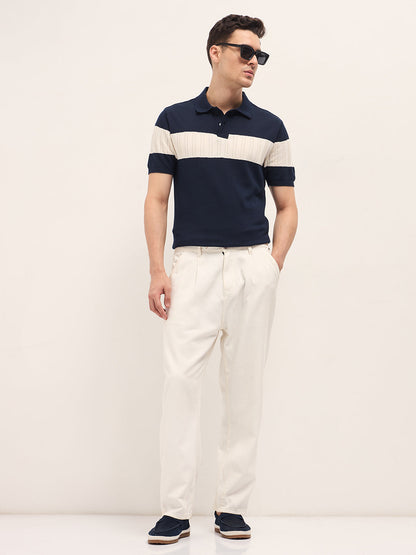 Blue Cable-Knit Textured Stripe Slim Fit Polo