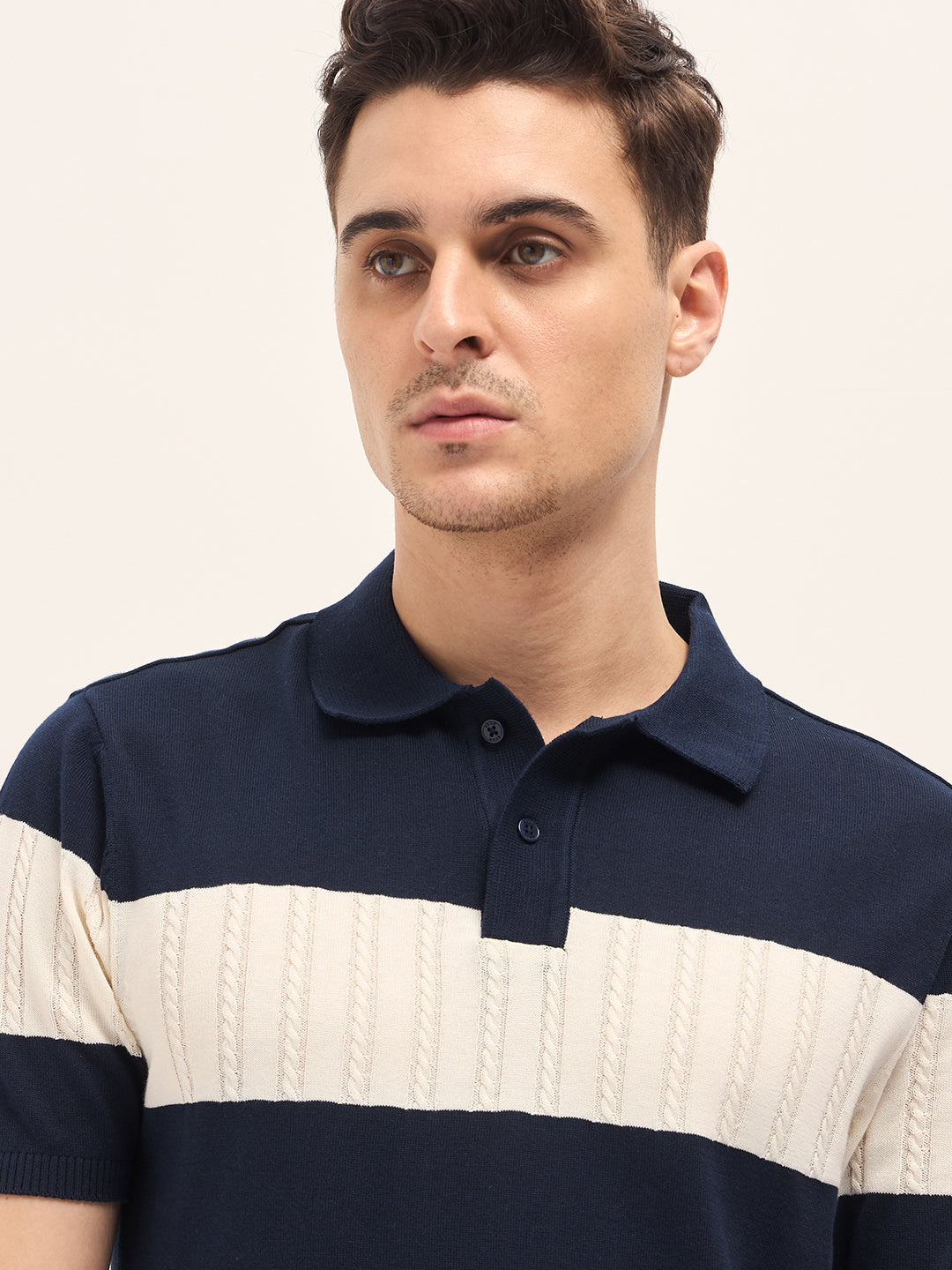 Blue Cable-Knit Textured Stripe Slim Fit Polo