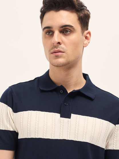 Blue Cable-Knit Textured Stripe Slim Fit Polo