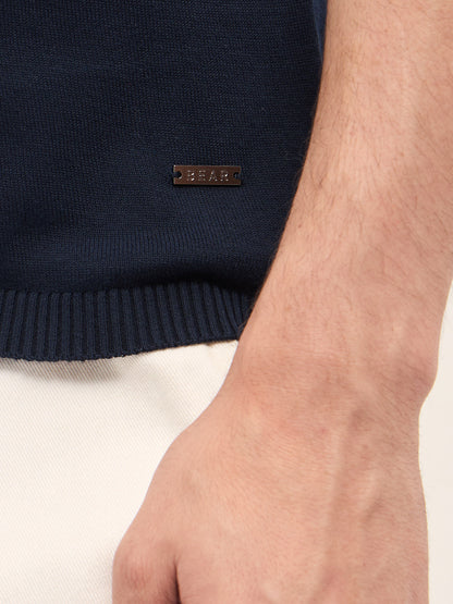 Blue Cable-Knit Textured Stripe Slim Fit Polo