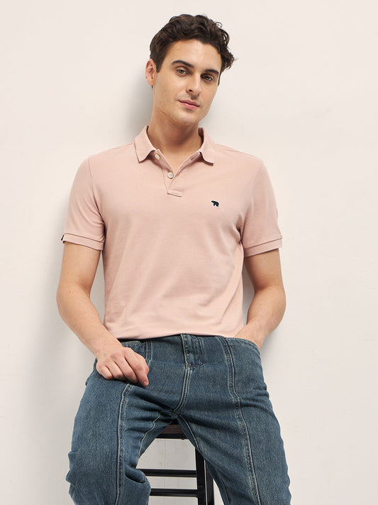 Peach Solid Regular Fit Polo with Embroidered Chest Logo