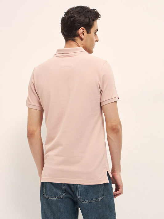 Peach Solid Regular Fit Polo with Embroidered Chest Logo