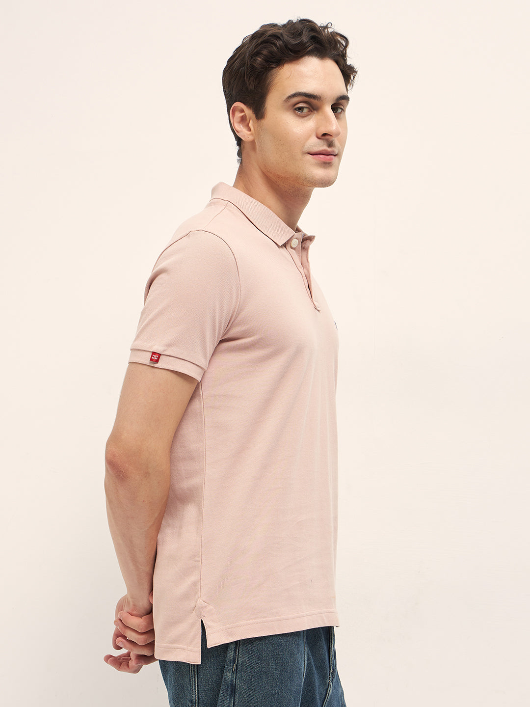 Peach Solid Regular Fit Polo with Embroidered Chest Logo