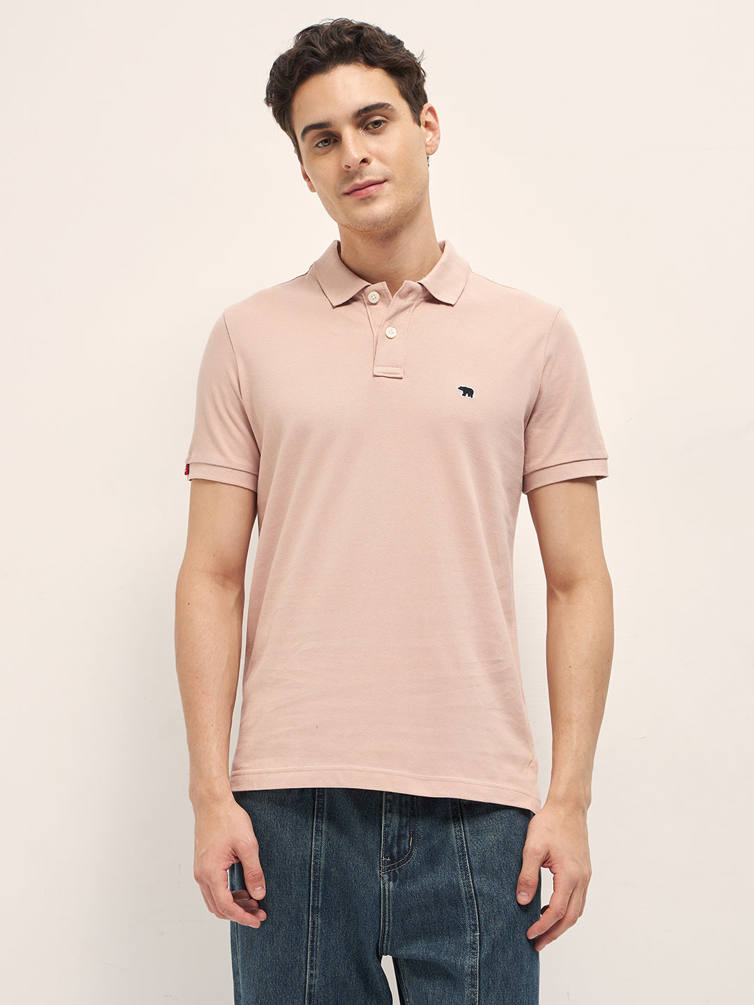 Peach Solid Regular Fit Polo with Embroidered Chest Logo