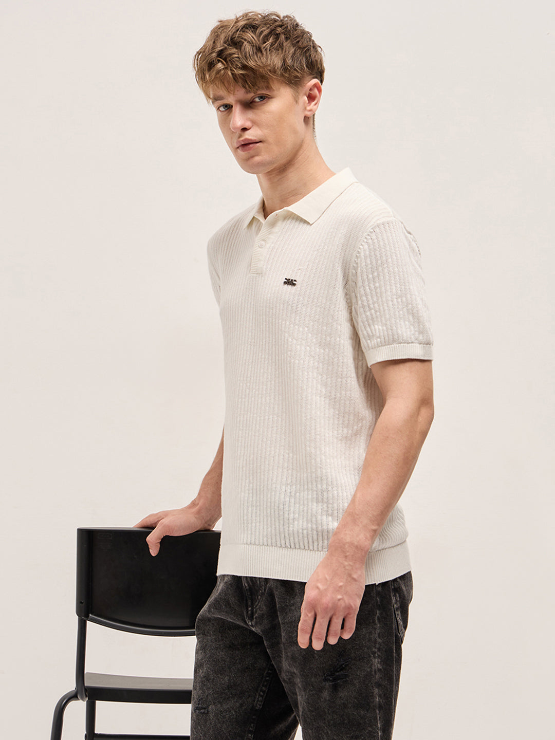White Ribbed Texture Design Slim Fit Polo