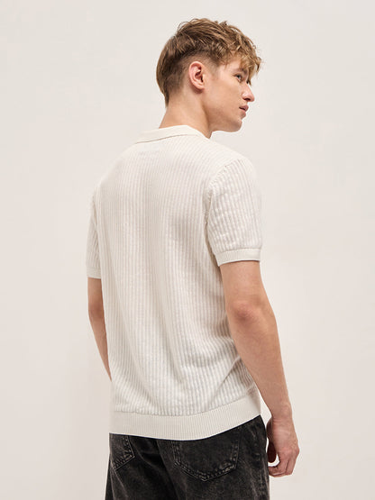 White Ribbed Texture Design Slim Fit Polo