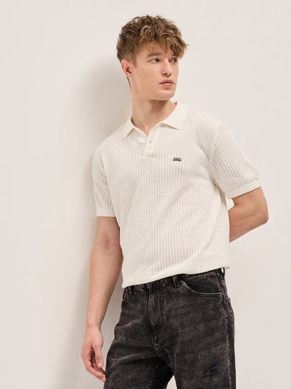 White Ribbed Texture Design Slim Fit Polo