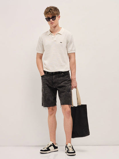 White Ribbed Texture Design Slim Fit Polo