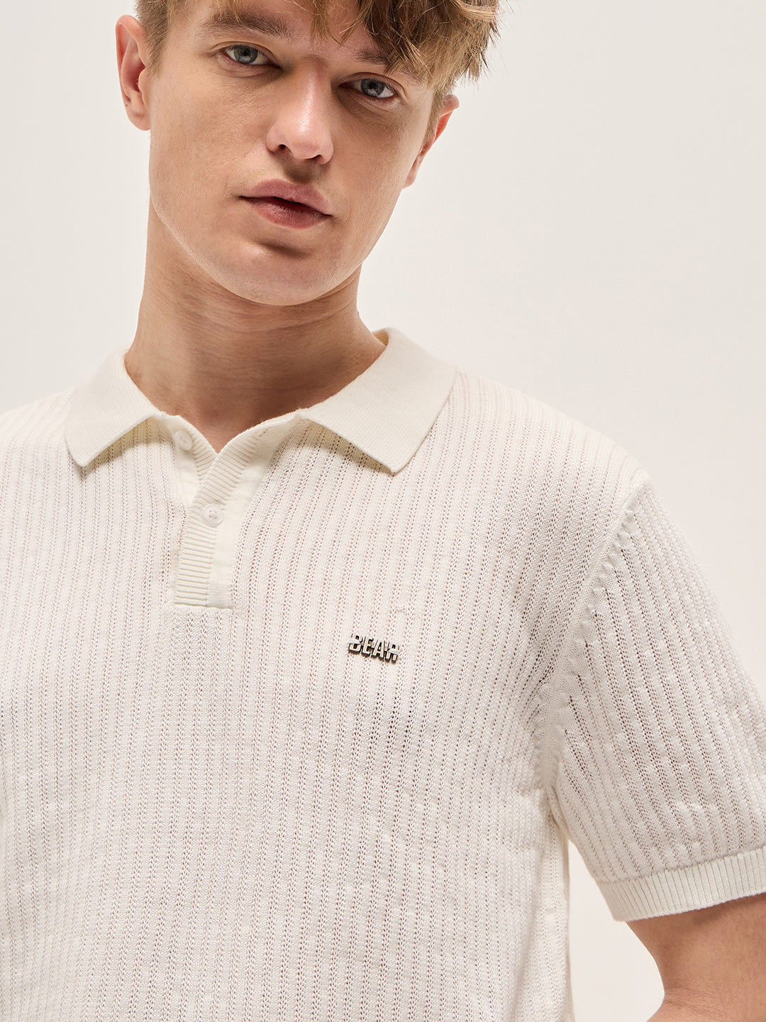 White Ribbed Texture Design Slim Fit Polo