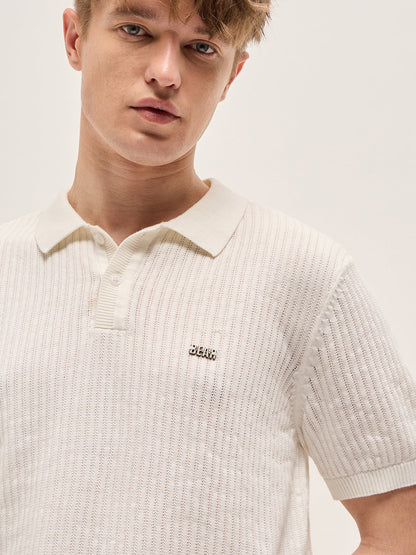 White Ribbed Texture Design Slim Fit Polo