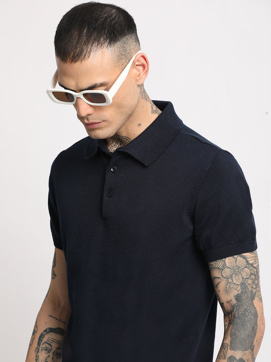 Men Blue Solid Regular Fit Polo Collar T-shirt