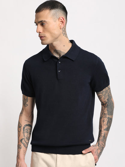 Men Blue Solid Regular Fit Polo Collar T-shirt