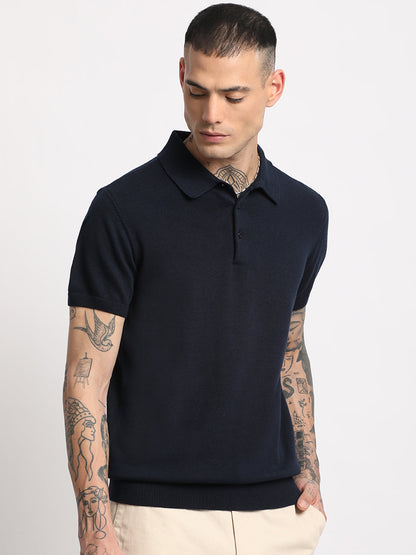 Men Blue Solid Regular Fit Polo Collar T-shirt
