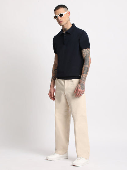 Men Blue Solid Regular Fit Polo Collar T-shirt