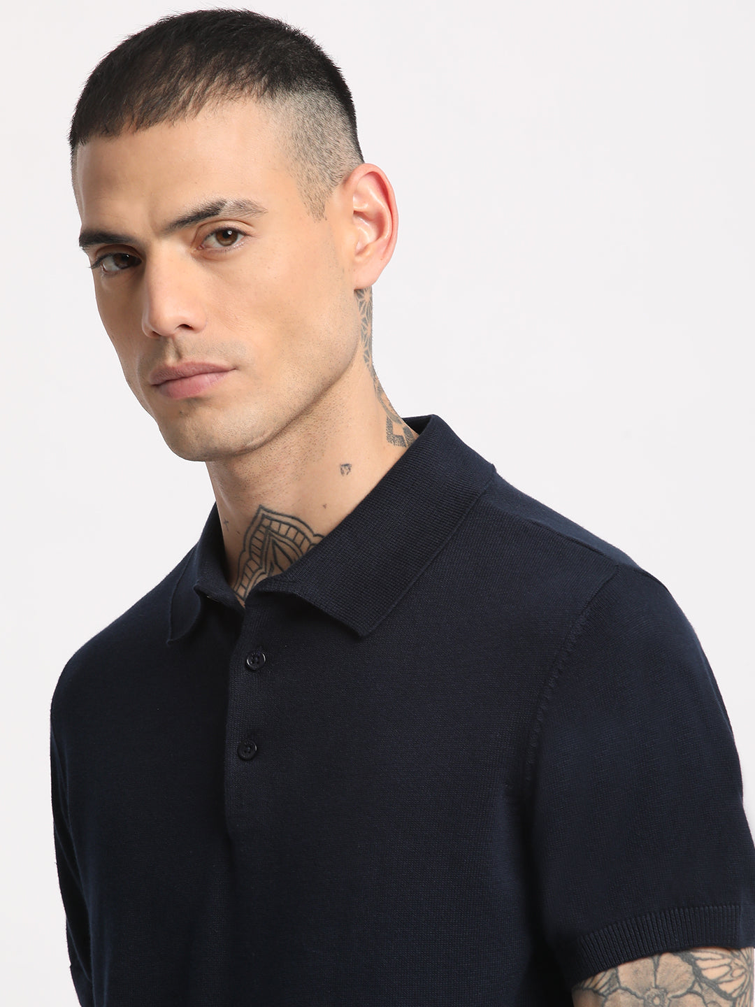 Men Blue Solid Regular Fit Polo Collar T-shirt