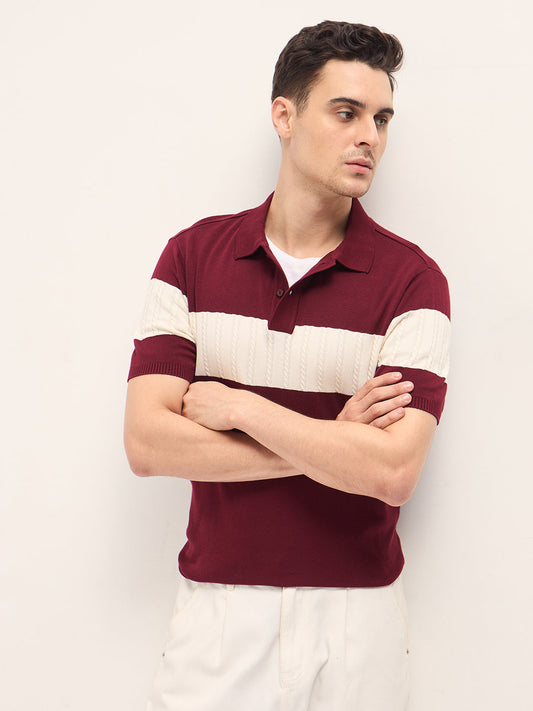 Maroon Cable-Knit Textured Stripe Slim Fit Polo