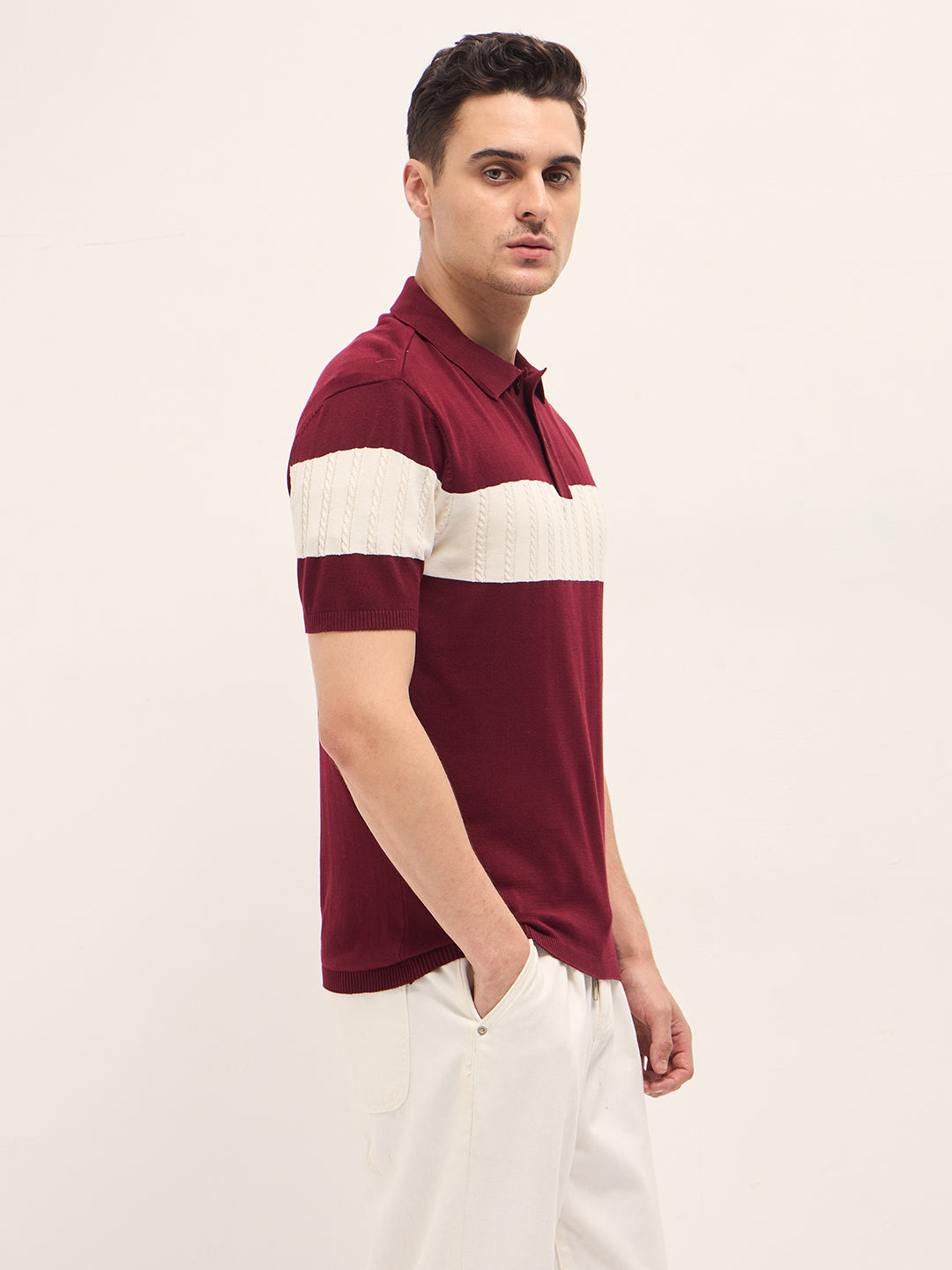 Maroon Cable-Knit Textured Stripe Slim Fit Polo