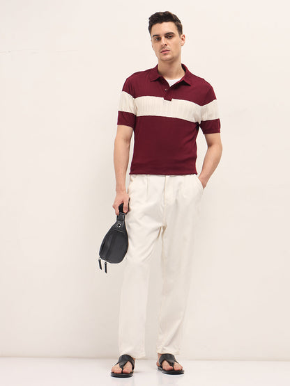 Maroon Cable-Knit Textured Stripe Slim Fit Polo