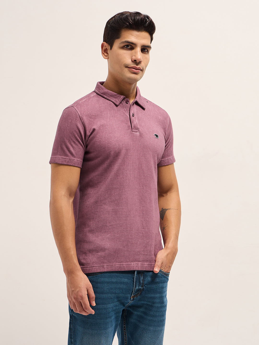 Pink Textured Knit Slim Fit Polo