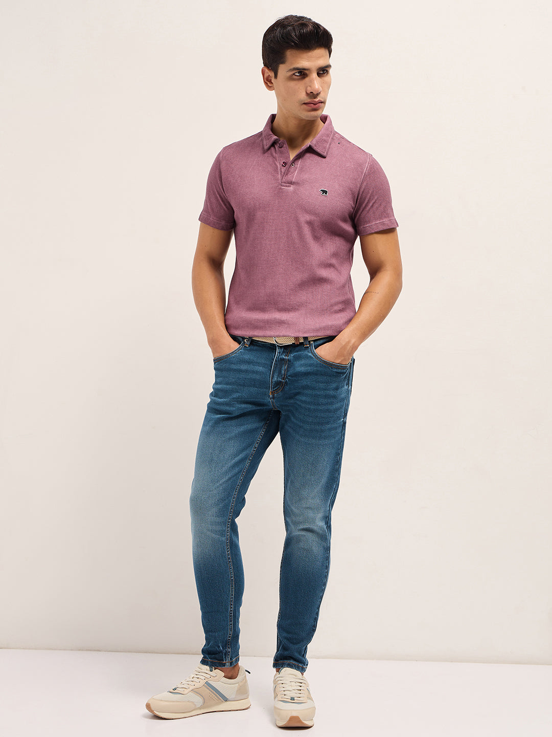 Pink Textured Knit Slim Fit Polo