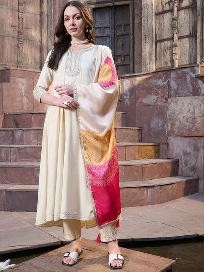 Women Embroidered Empire Mirror Work Kurta with Trousers & With Dupatta