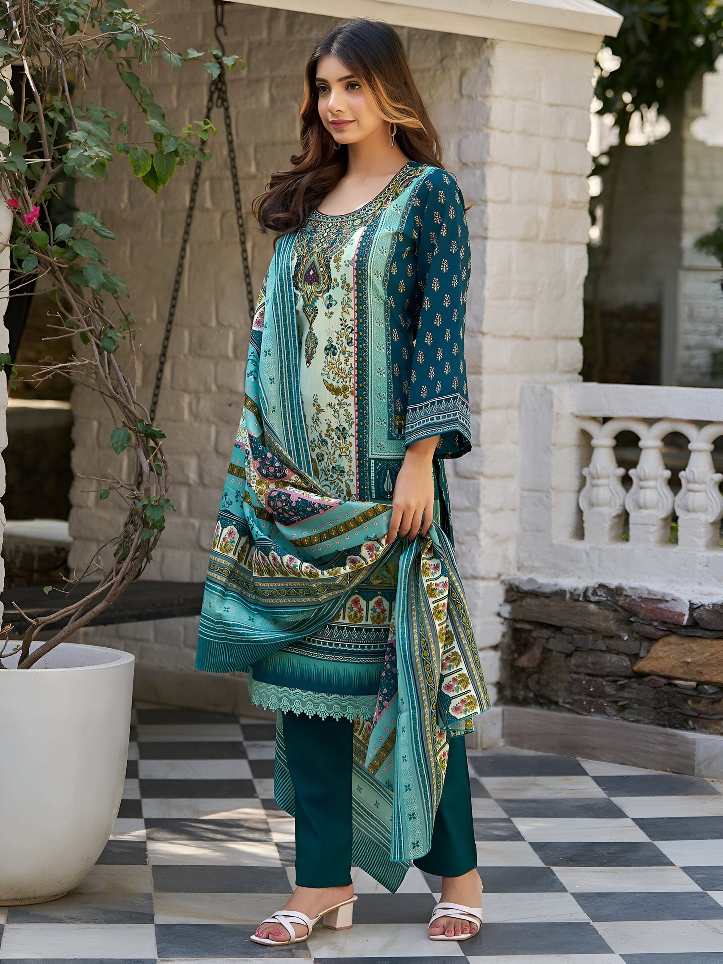 Multicoloured Print Work Cotton Blend Salwar Set