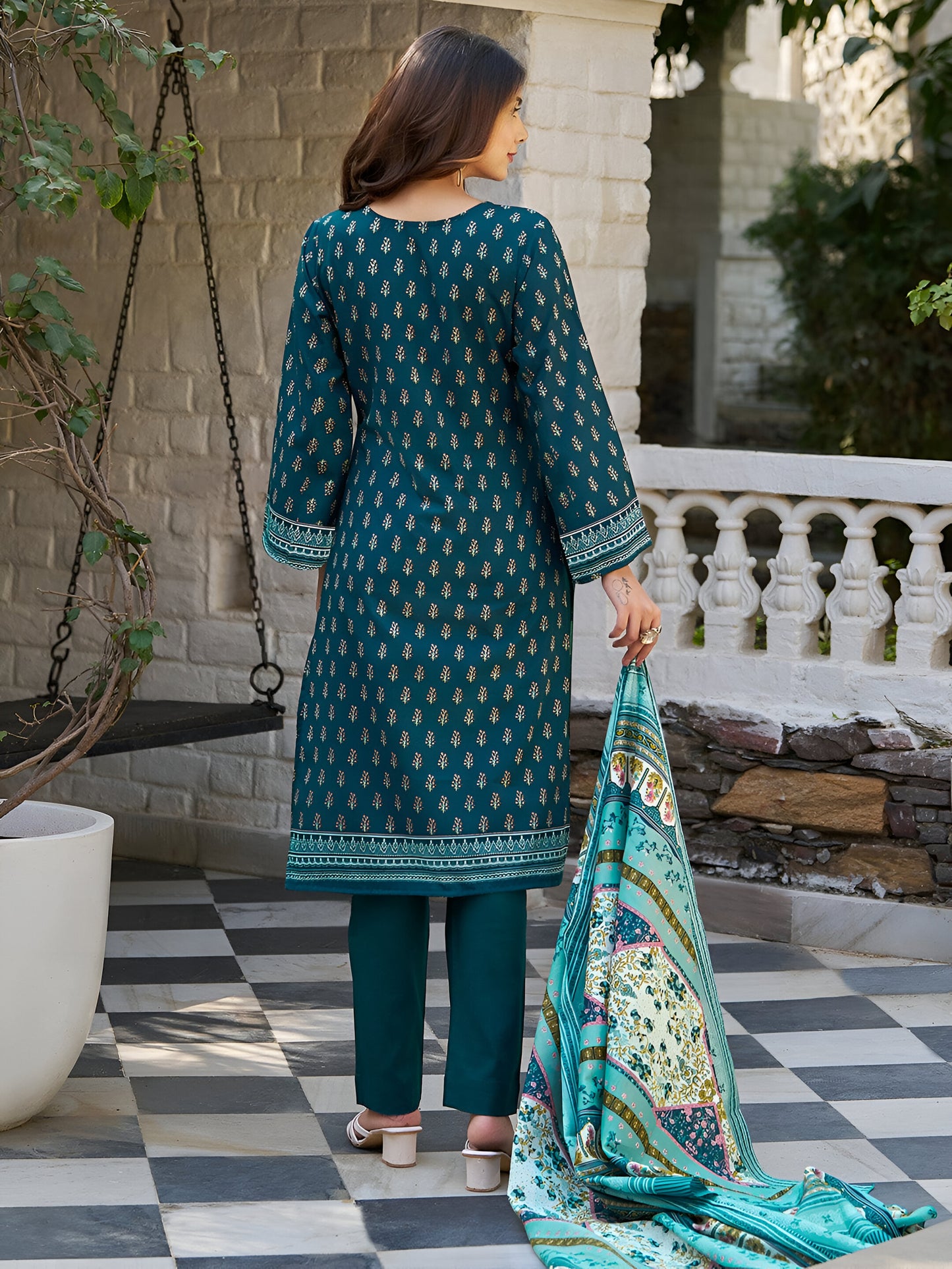 Multicoloured Print Work Cotton Blend Salwar Set