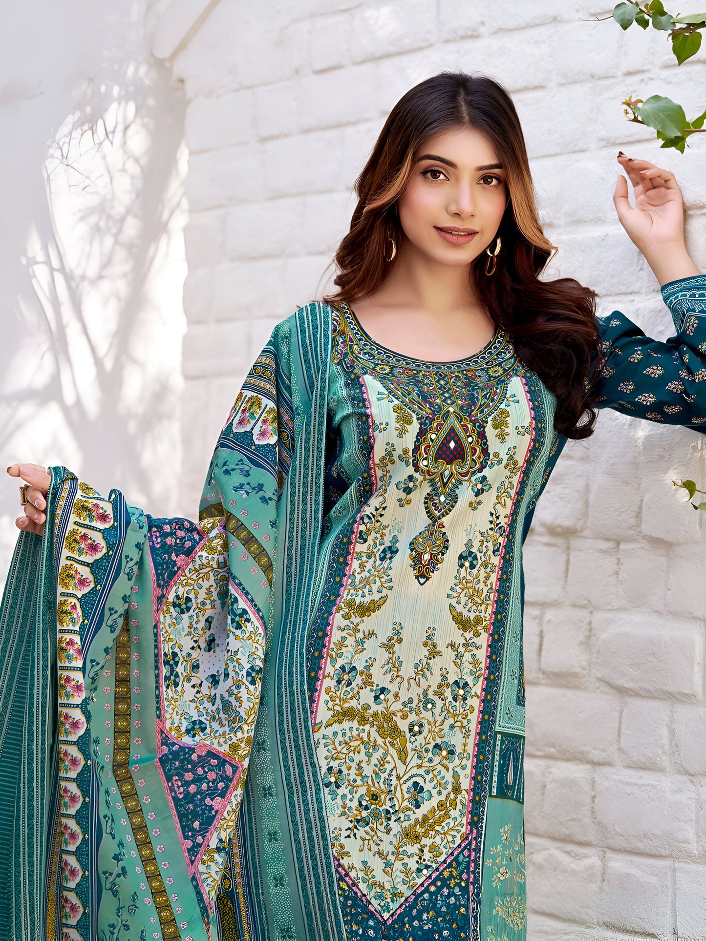 Multicoloured Print Work Cotton Blend Salwar Set