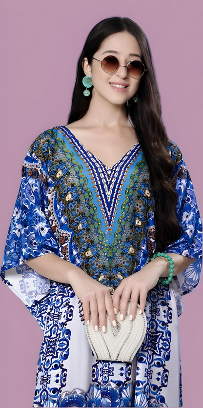 Blue & White Printed Silk Short Kaftan