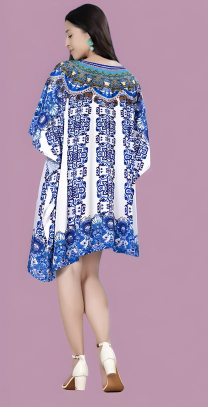 Blue & White Printed Silk Short Kaftan