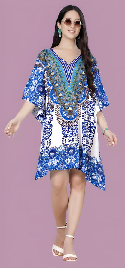 Blue & White Printed Silk Short Kaftan