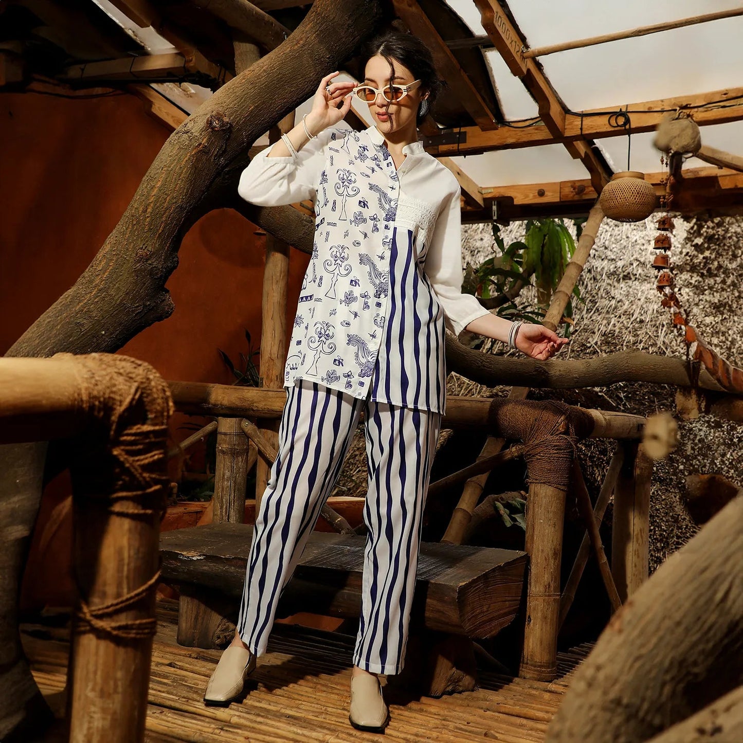 Striped Block Print Kurti With Trousers