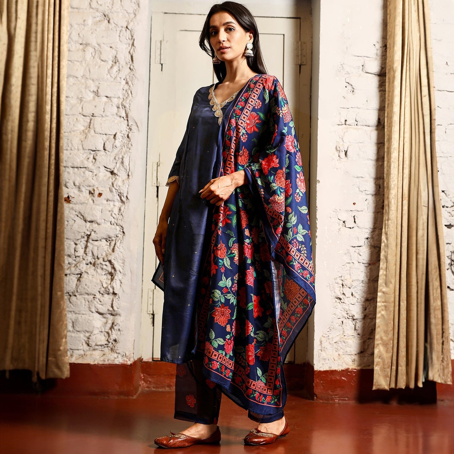 Botanical Block Kurta With Trousers & Dupatta