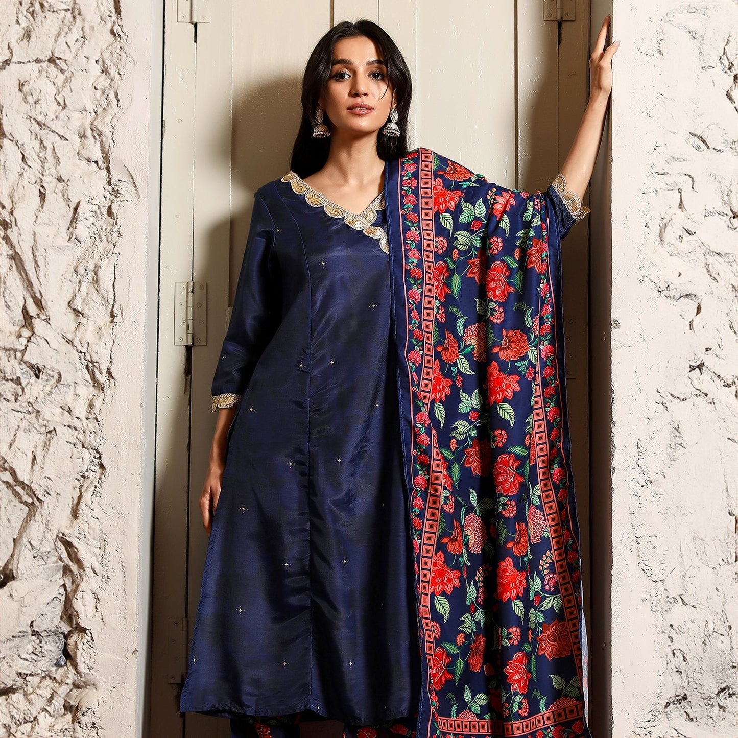 Botanical Block Kurta With Trousers & Dupatta