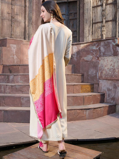 Women Embroidered Empire Mirror Work Kurta with Trousers & With Dupatta