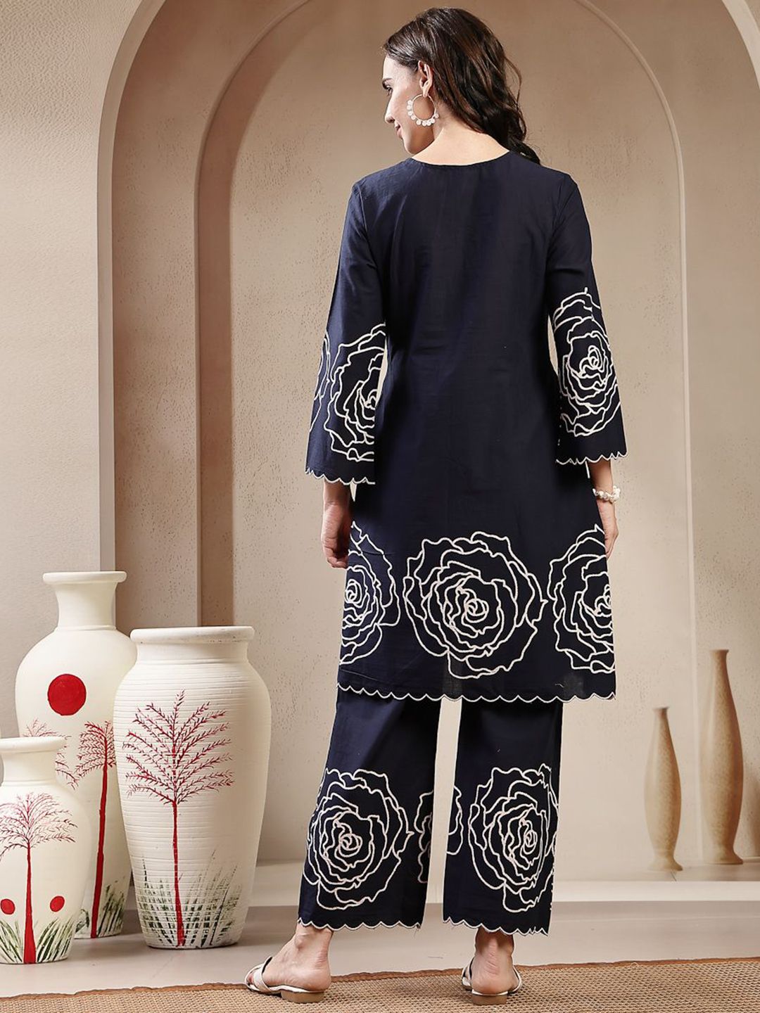 Embroidered Pure Cotton V Neck Tunic With Trousers