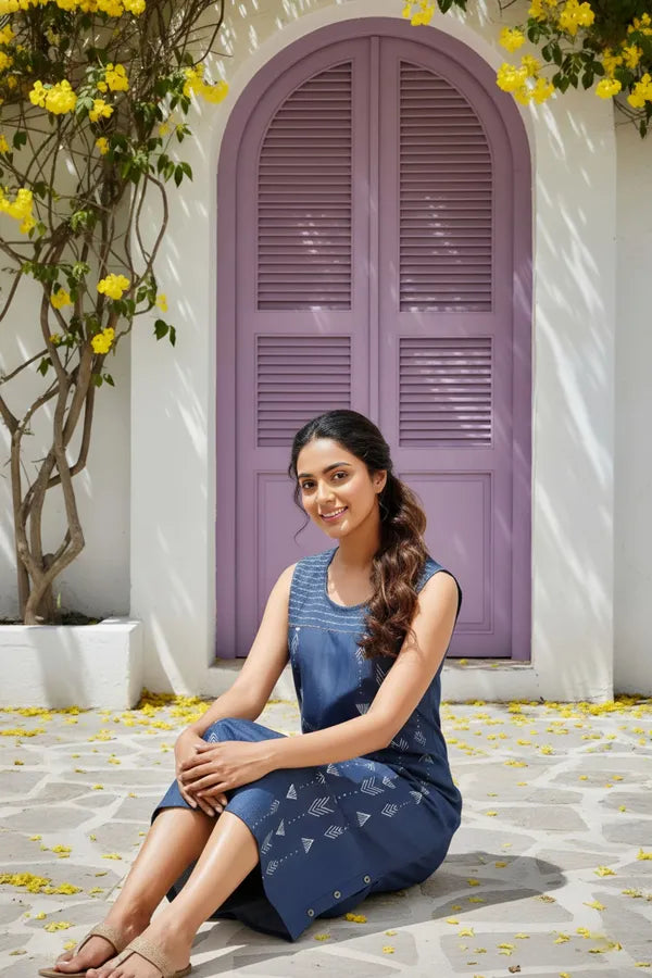Blue Stylish Denim Dress With Geometrical Print And Embellishment