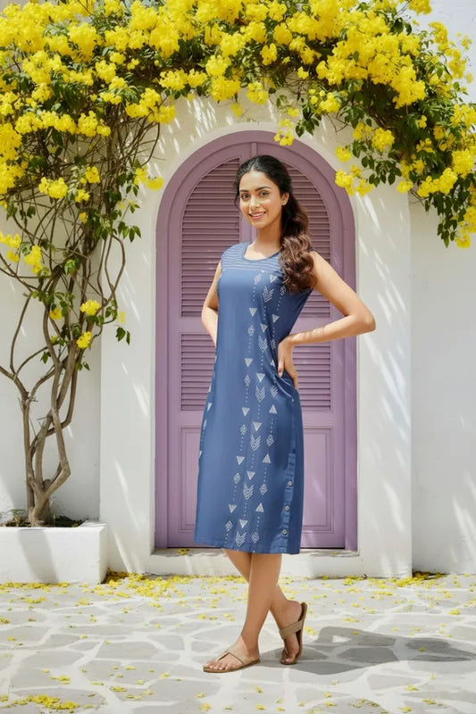 Blue Stylish Denim Dress With Geometrical Print And Embellishment