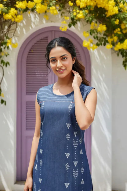 Blue Stylish Denim Dress With Geometrical Print And Embellishment