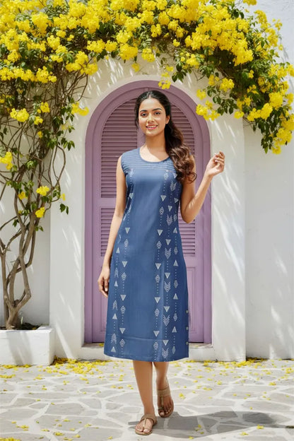 Blue Stylish Denim Dress With Geometrical Print And Embellishment