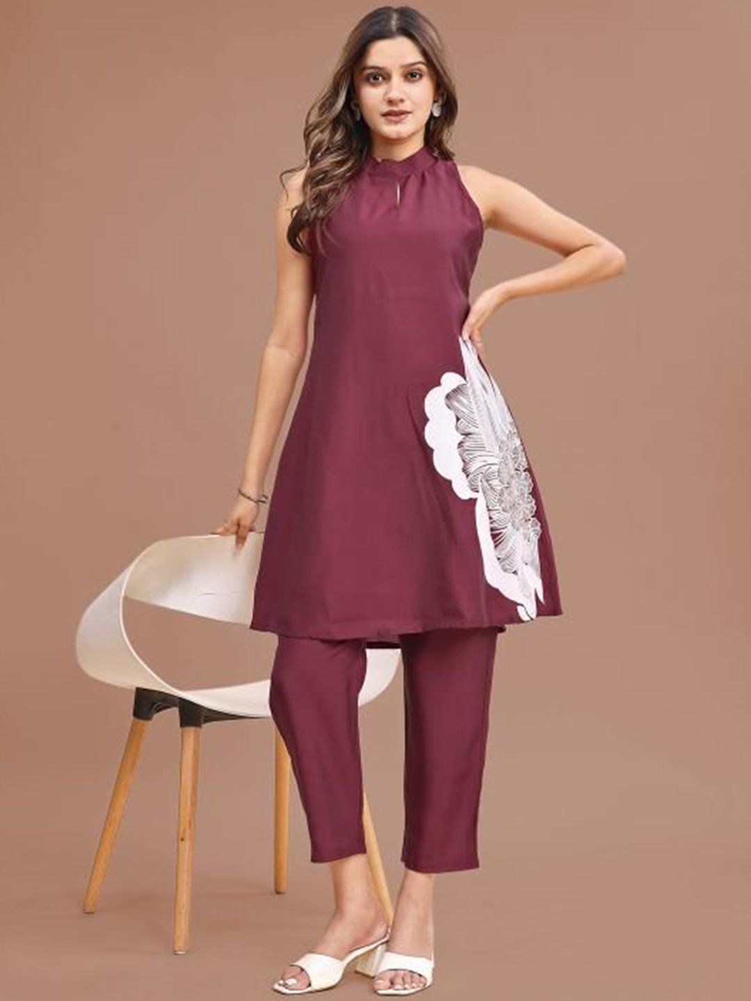 Floral Printed Halter Neck Tunic With Trousers Co-Ords Set