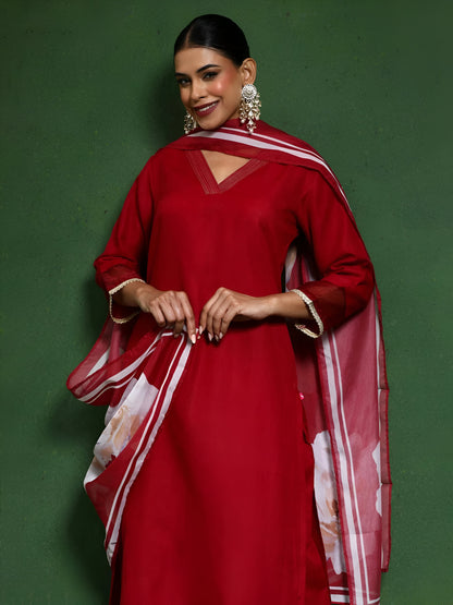 Red Print Work With Lace Border Salwar Suit