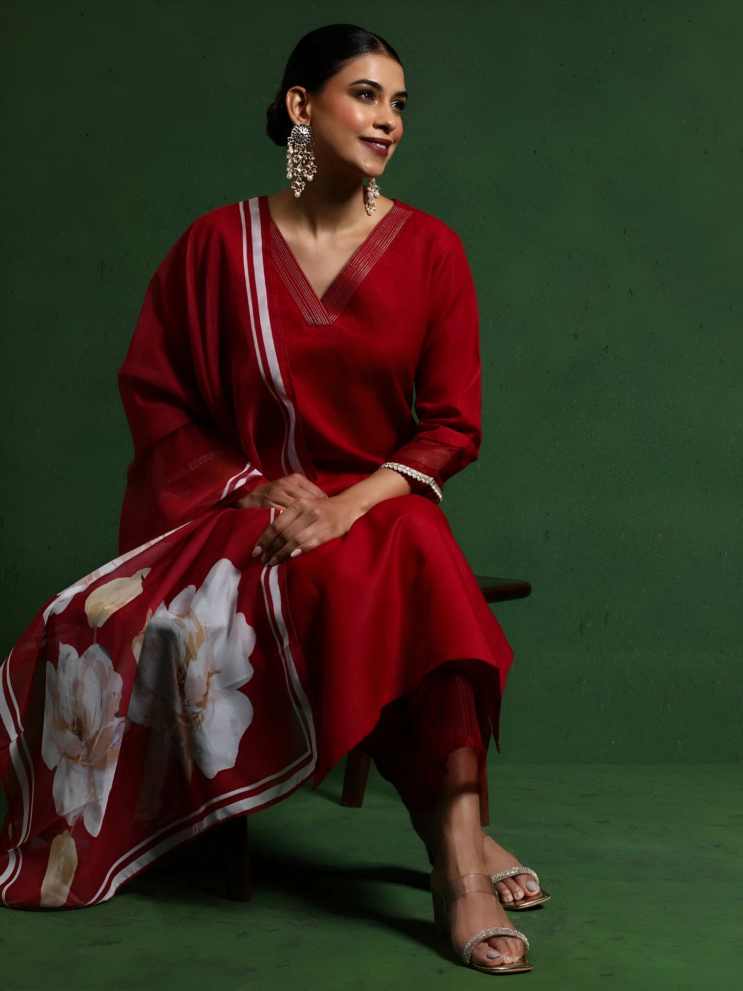 Red Print Work With Lace Border Salwar Suit