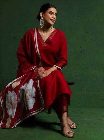 Red Print Work With Lace Border Salwar Suit